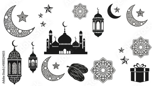 Islamic Symbols: Crescent Moons, Lanterns, Mosque, Stars, Dates, Gift Box, Ornaments
