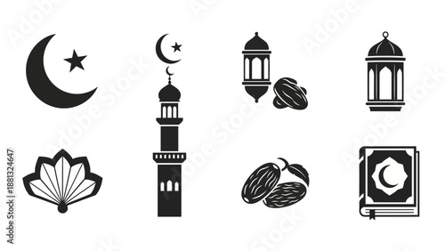 Islamic Symbols Icons: Crescent Moon, Star, Minaret, Lantern, Dates, Fan, Quran