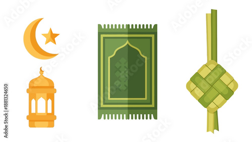 Islamic Symbols: Crescent Moon, Star, Prayer Rug, Lantern, Ketupat - Ramadan Eid Celebration