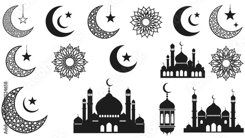 Islamic Symbols: Crescent Moons, Stars, Mosques, and Lanterns Collection