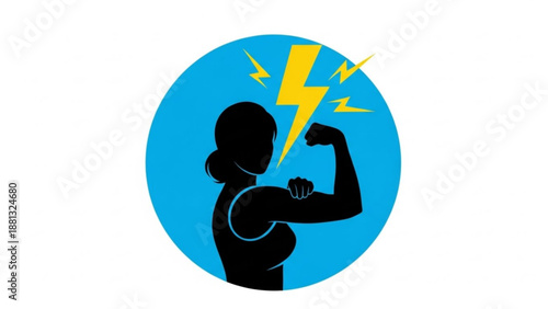 Empowered woman flexing muscles with lightning bolt symbolizing strength and energy
