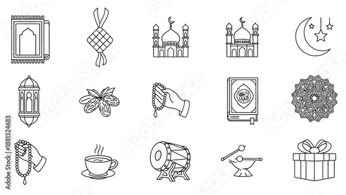 Islamic Symbols Icons Set: Ramadan, Eid, Prayer, Mosque, Moon, Lantern, Quran