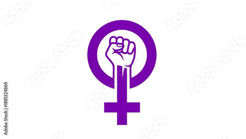 Purple feminist symbol with raised fist in circle representing female empowerment and equality