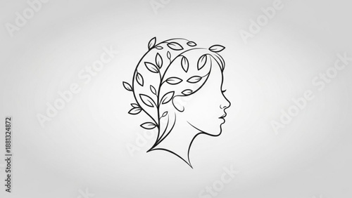 Woman's head with leaves in hair minimalist line art portrait symbolizing nature and serenity eco friendly and wellness concept