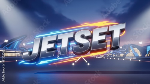 JETSET 3D Text Logo with Neon Lights and Stage Background.