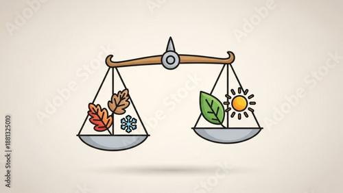Seasonal balance scale with autumn leaves snowflake versus sun green leaf on a beige background