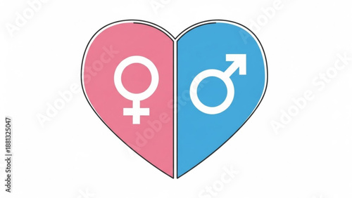 Heart divided into pink and blue halves with female and male symbols representing gender equality and love