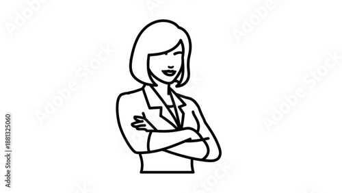 Confident businesswoman with arms crossed smiling simple line art illustration white background professional attire positive attitude corporate style