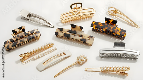 A variety of stylish hair clips including tortoise shell claws and pearl-studded barrettes on a white surface