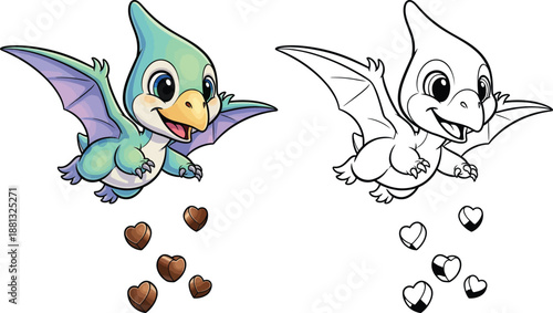 Happy Baby Pterodactyl with Heart Chocolates Adorable Dino for Sweet Treats Prehistoric and Flying Themes