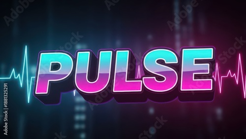 Pulse word with glowing neon effect and heartbeat line on dark background.