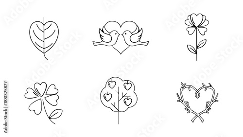 Illustrated collection of botanical symbols isolated on white background, Vector