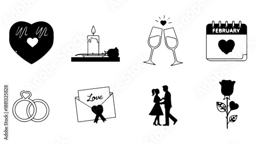 Wedding symbols and celebrations isolated on white background, Vector