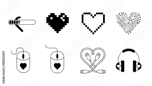 Digital and analog hearts and headphones isolated on white background, Vector