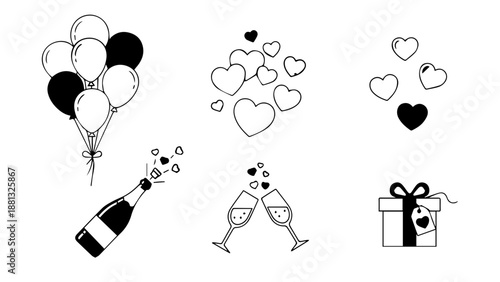 Celebration icons: balloons, hearts, champagne, and gift isolated on white background, Vector
