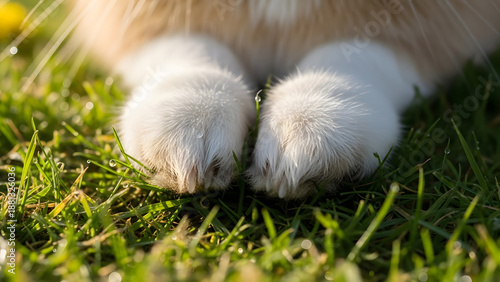 Close up of fluffy white rabbit paws resting on green grass with morning dew drops