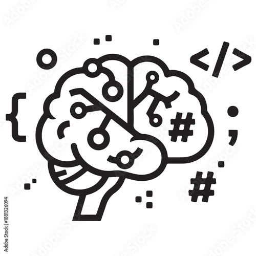 Minimalist Line Art Brain with Coding Symbols and Network Connections