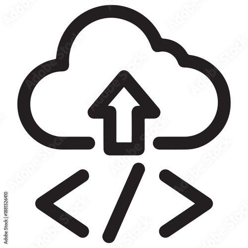 Monochromatic Outline Cloud Icon with Code and Upload Symbols