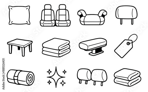 Hand drawn line art automotive interior and care items set featuring car seats, booster, headrests, and towels for vehicle comfort, cleaning, and maintenance
