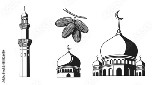 Islamic Symbols: Mosque Tower, Domes, and Dates Illustration