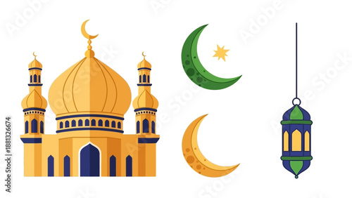 Islamic Symbols: Mosque, Crescent Moon, Star and Lantern