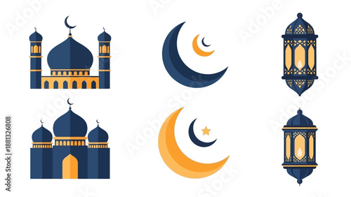 Islamic Symbols: Mosques, Crescent Moons, and Lanterns - Ramadan Kareem