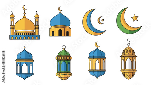 Islamic Symbols: Mosques, Crescent Moons, and Lanterns Vector Icons Set