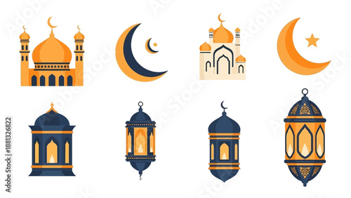 Islamic Symbols: Mosques, Crescent Moons, and Lanterns in Orange and Blue