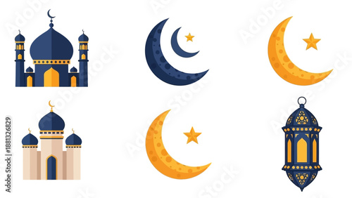 Islamic Symbols: Mosques, Crescent Moons, and Lanterns for Ramadan and Eid