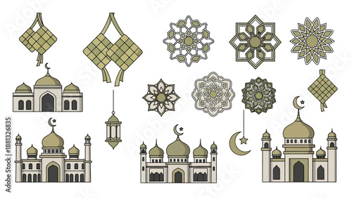 Islamic Symbols: Mosques, Ketupat, and Geometric Patterns for Ramadan & Eid