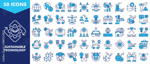 sustainable technology icon set collection. icon set contain solar panel, eco friendly, energy efficient, environmental, social development, technology. simple vector illustration.