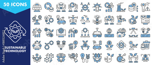 sustainable technology icon set collection. icon set contain solar panel, eco friendly, energy efficient, environmental, social development, technology. simple vector illustration.