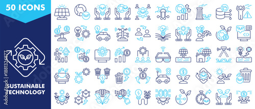 sustainable technology icon set collection. icon set contain solar panel, eco friendly, energy efficient, environmental, social development, technology. simple vector illustration.