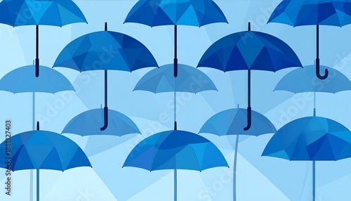 A Collection of Blue Umbrellas Against a Light Blue Background.
