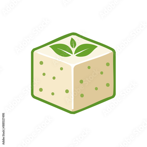 Tofu Cube with Green Leaves Icon Vegan Protein Source Vegetarian Diet Food Isolated