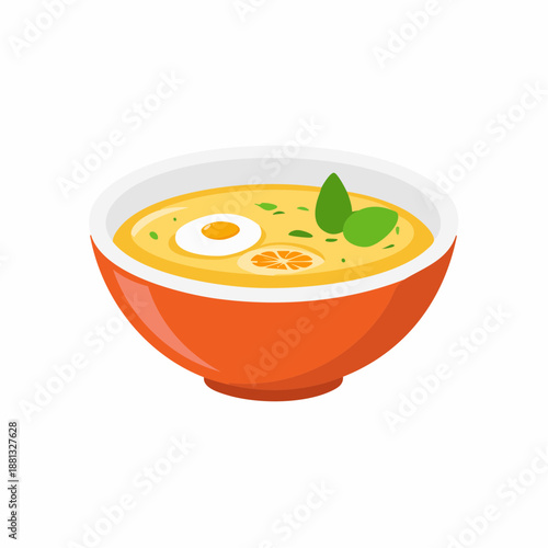 Bowl of Yellow Soup with Egg and Herbs Isolated on White Background Food Still Life