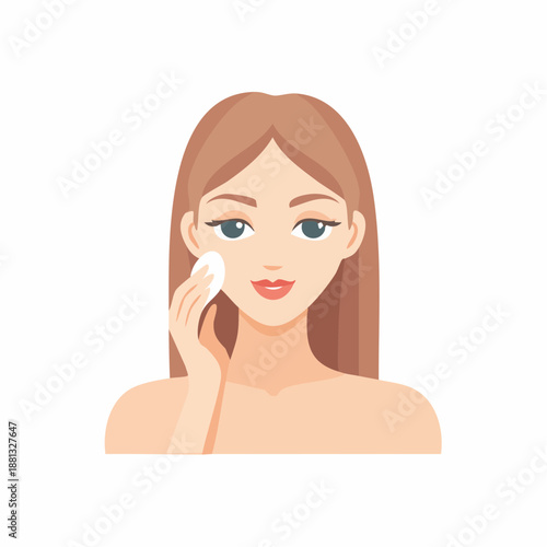 Woman Cleansing Face with Cotton Pad for Skincare Routine on White Background