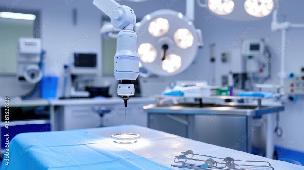 Naklejka premium Advanced Robotic Surgical Equipment in Modern Operating Room with Surgical Instruments and Bright Lighting
