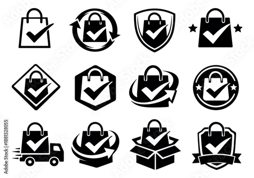Modern graphic shopping icon set featuring a shopping bag with a checkmark for e-commerce and delivery services