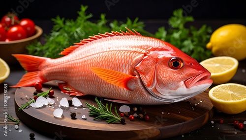 Fresh Whole Red Snapper Fish Ready for Cooking with Lemon and Herbs.