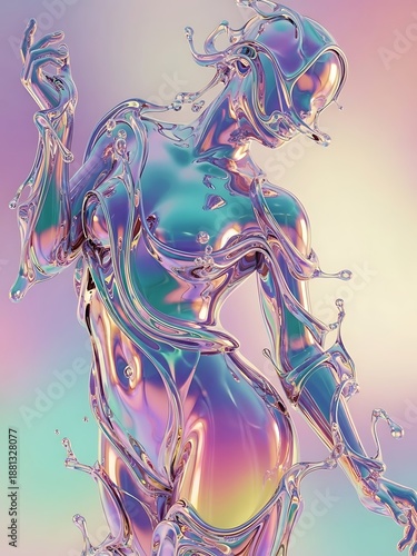 Futuristic Iridescent Humanoid Figure with Glossy Surface in Pastel Surreal Background