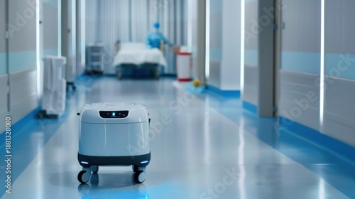 Hospital Corridor with Autonomous Robot Delivering Supplies, High-Tech Medical Environment, Futuristic Healthcare Setting