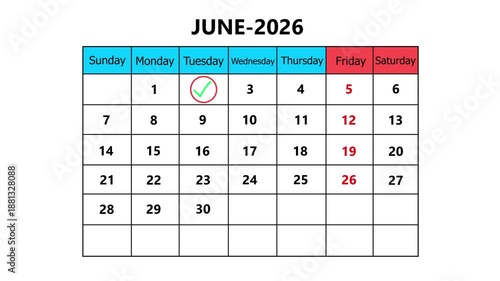 The date June 2, 2026, marked with a red circle on the wall calendar animation. Business Basics Wall Calendar Planner and Organizer.