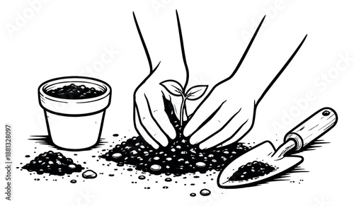 Hand drawn line art illustration of a gardening scene depicting hands planting a seedling for growth and spring
