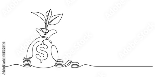 money bag fund coins stack one line drawing continuous handdrawn minimalist art budget planning growth with small tree concept