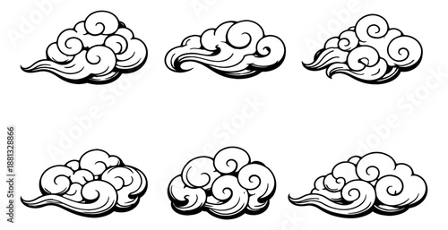 Hand drawn line art traditional cloud set featuring stylized ornamental forms with swirls for Asian inspired design
