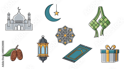 Ramadan and Eid Celebration Icons: Mosque, Crescent Moon, Lantern, Dates, Prayer Rug, Ketupat, Gift