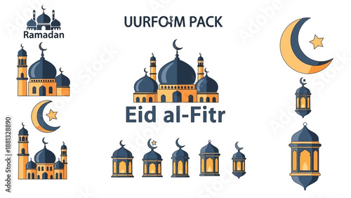 Ramadan and Eid al-Fitr Islamic Symbols: Mosques, Moon, Stars, Lanterns