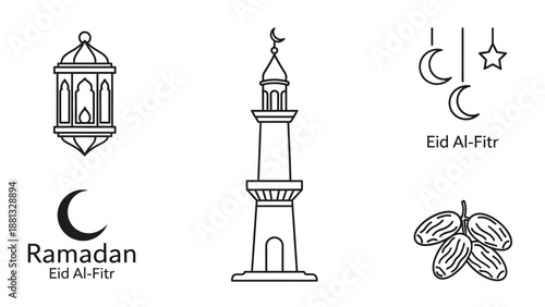 Ramadan Eid Al-Fitr Icons: Lantern, Minaret, Crescent Moon, Dates
