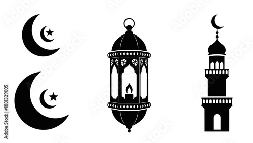 Ramadan Icons: Crescent Moon, Lantern, Minaret - Islamic Symbols